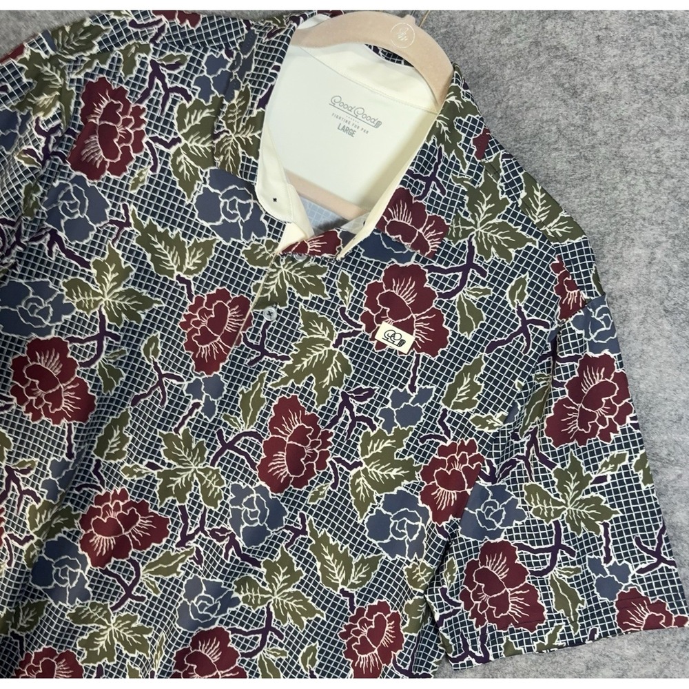 Good Good Golf Polo Mens Sz L Blue Check Floral Stretch Active Performance
